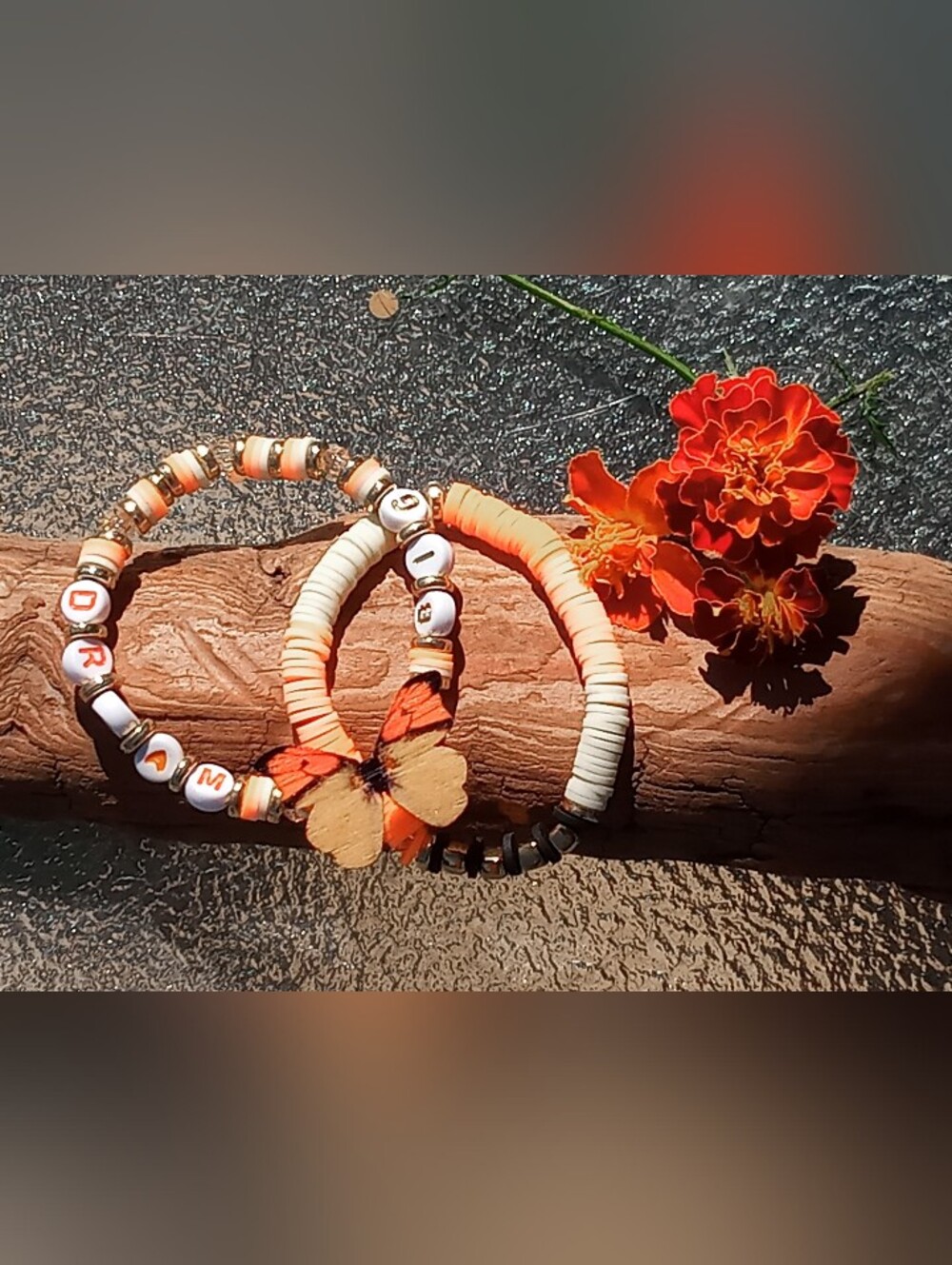 Orange & Cream Butterfly Beaded Stretch Bracelet - Women's Fashion Jewelry